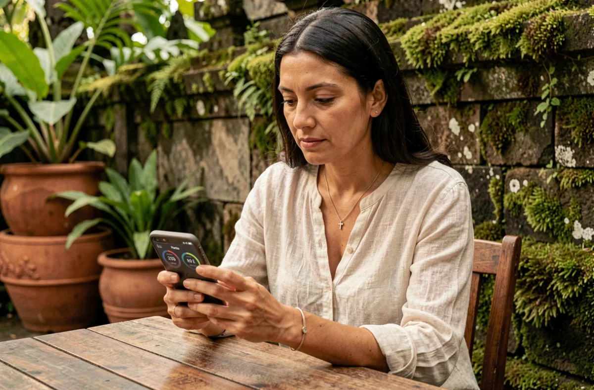 Femme consultant les fuseaux horaires entre Paris et Bali sur son smartphone dans un café traditionnel à Ubud