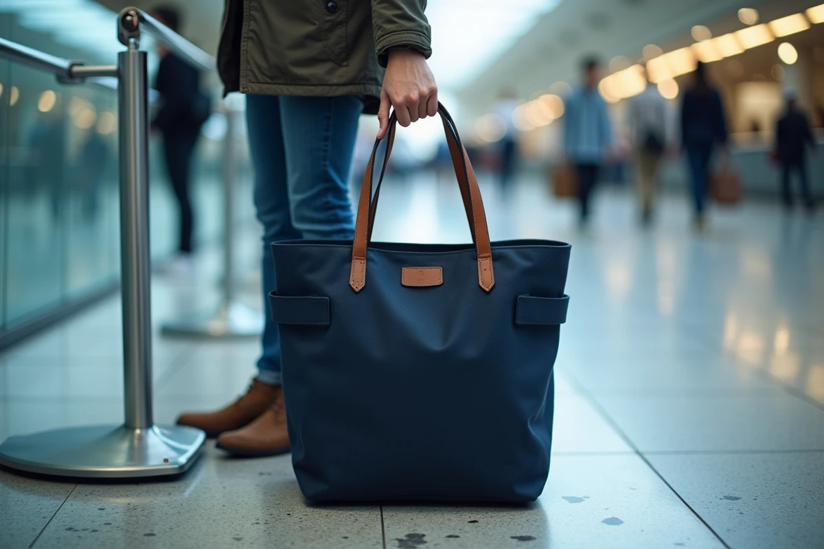Test de dimensions d'un bagage cabine dans un gabarit métallique à l'aéroport pour un vol low-cost