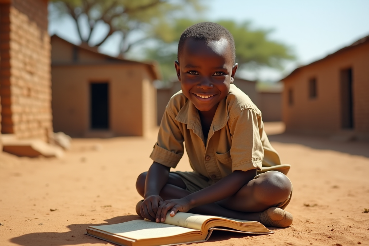 Jeune garçon africain souriant en plein air avec livres usés
