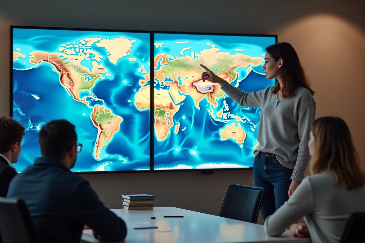 Jeune geographe en office moderne avec carte digitale