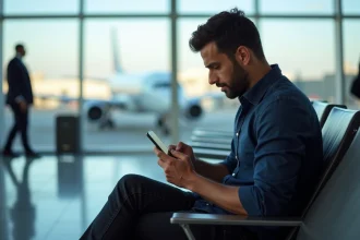 Un homme consultant sa réservation Air Algérie sur smartphone dans un terminal d'aéroport moderne