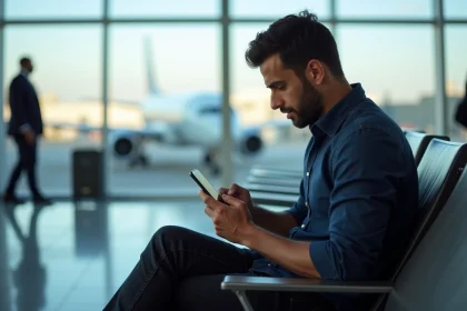 Un homme consultant sa réservation Air Algérie sur smartphone dans un terminal d'aéroport moderne