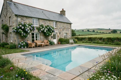 Gîte en pierre bretonne avec piscine turquoise entouré de verdure typique de la Bretagne