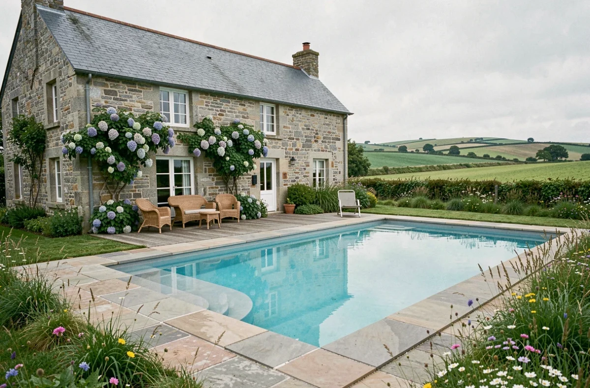 Gîte en pierre bretonne avec piscine turquoise entouré de verdure typique de la Bretagne