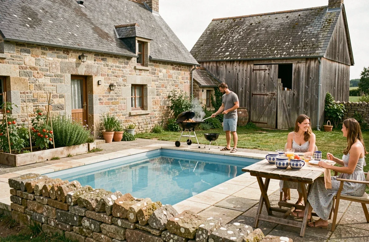 Gîte avec piscine dans l'arrière-pays de Saint-Malo avec jardin potager et grange en granit breton