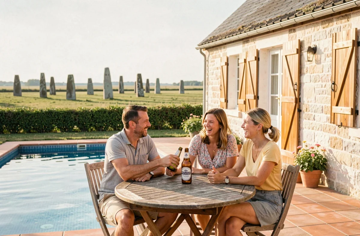 Gîte avec piscine à Carnac avec vue sur les menhirs en arrière-plan dans le paysage breton