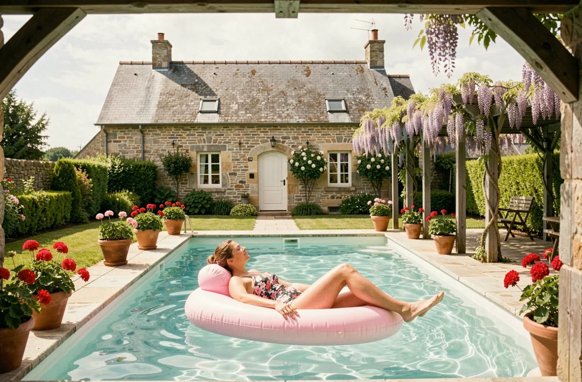 Gîte avec piscine chauffée près de Quimper entouré d'un jardin fleuri avec pergola et géraniums