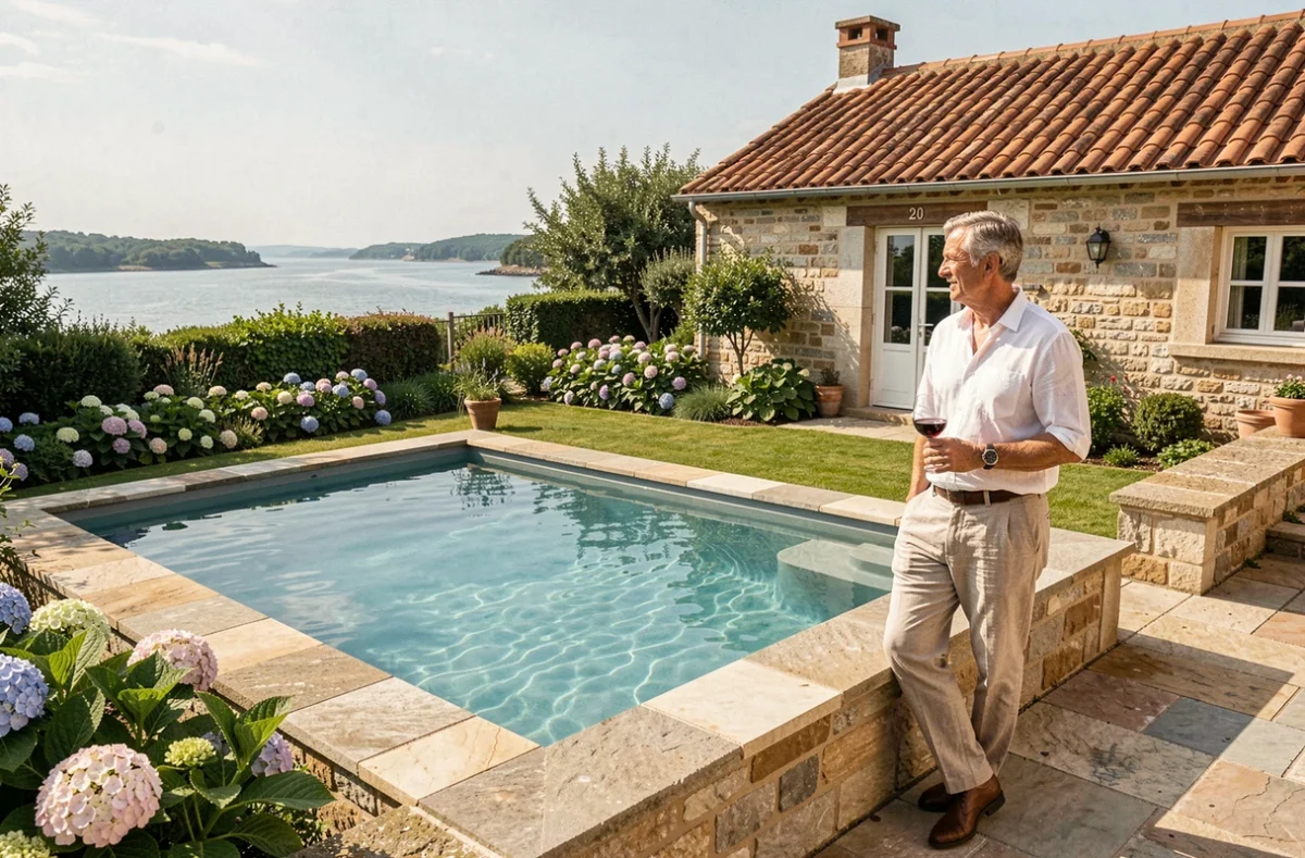 Gîte avec piscine à Sarzeau face au Golfe du Morbihan avec vue sur les eaux calmes de l'estuaire