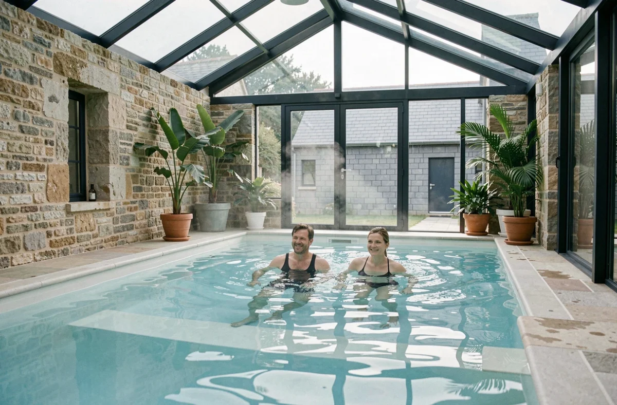 Gîte avec piscine intérieure près de Dinan dans une longère bretonne rénovée avec murs en pierre et plafond vitré
