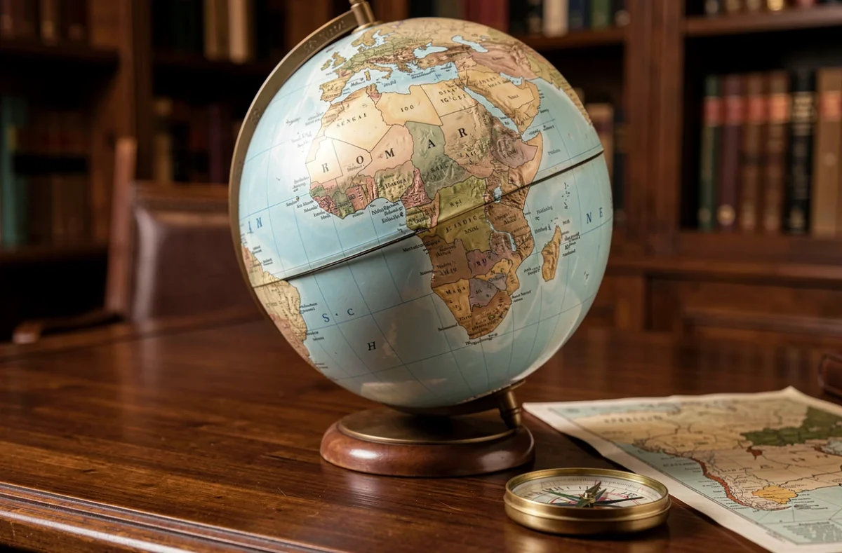 Globe terrestre en relief montrant la position du Sénégal sur la côte atlantique de l'Afrique, posé sur un bureau en bois avec une boussole vintage