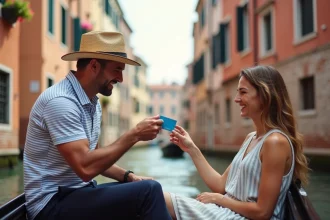 Gondolier vénitien aidant une touriste à payer sans contact
