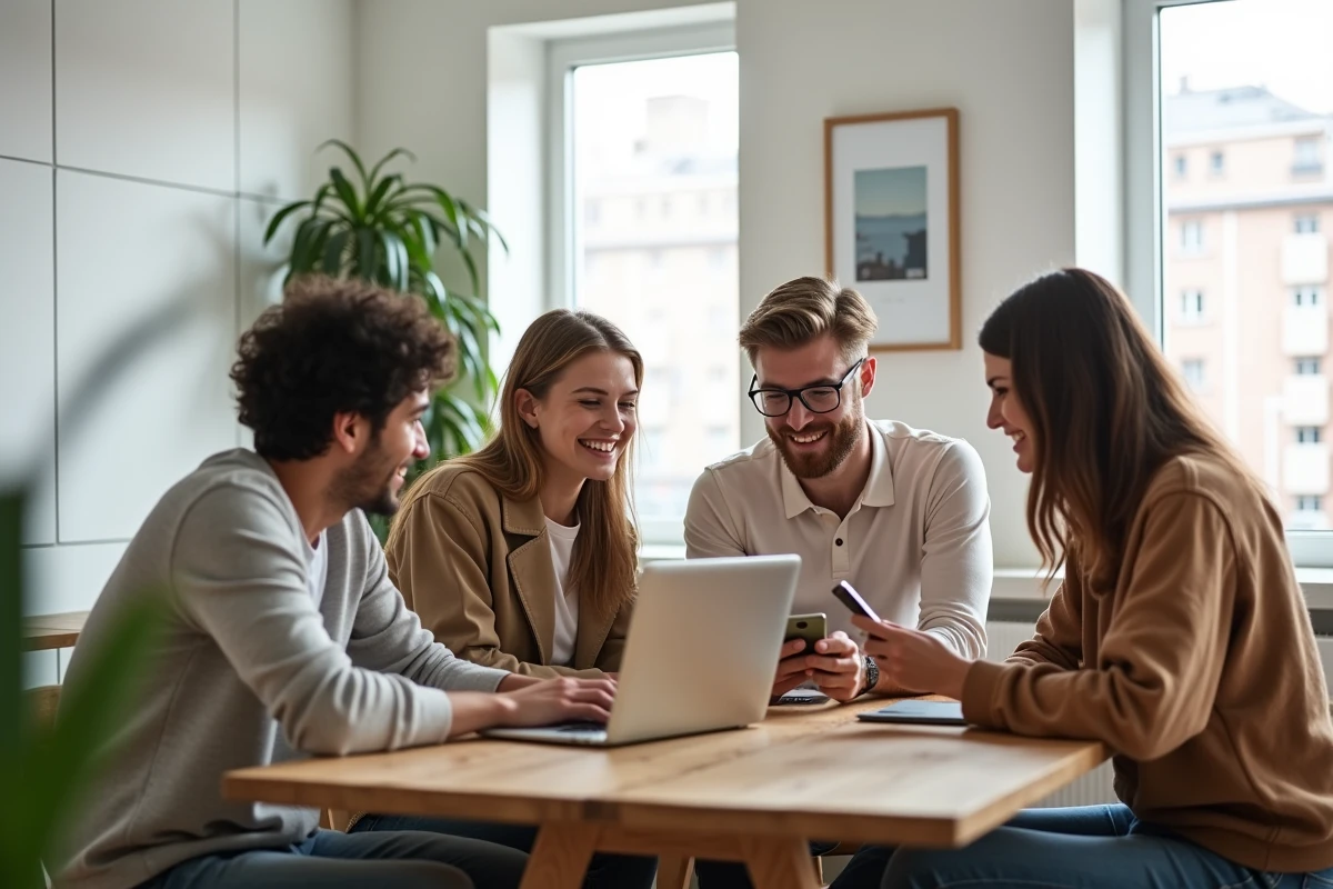 Groupe d'amis souriants recherchant une location de vacances