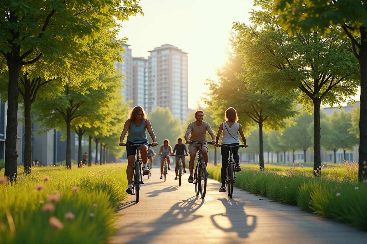 Groupe de personnes diverses roulant à vélo dans une ville verte