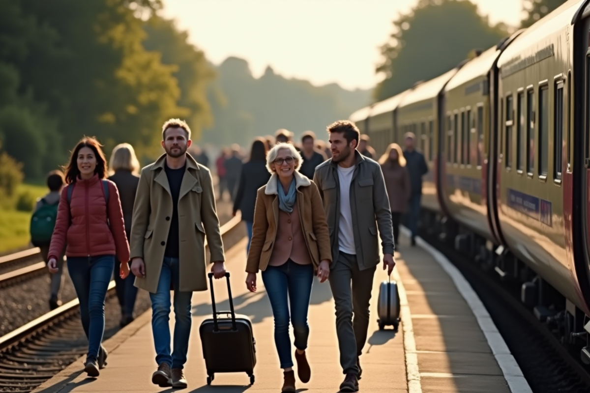 Groupe diversifié de personnes embarquant dans un train britannique à la campagne