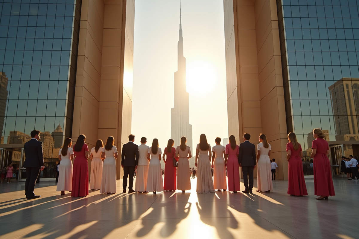 Groupe de touristes élégants devant le Burj Khalifa en journée