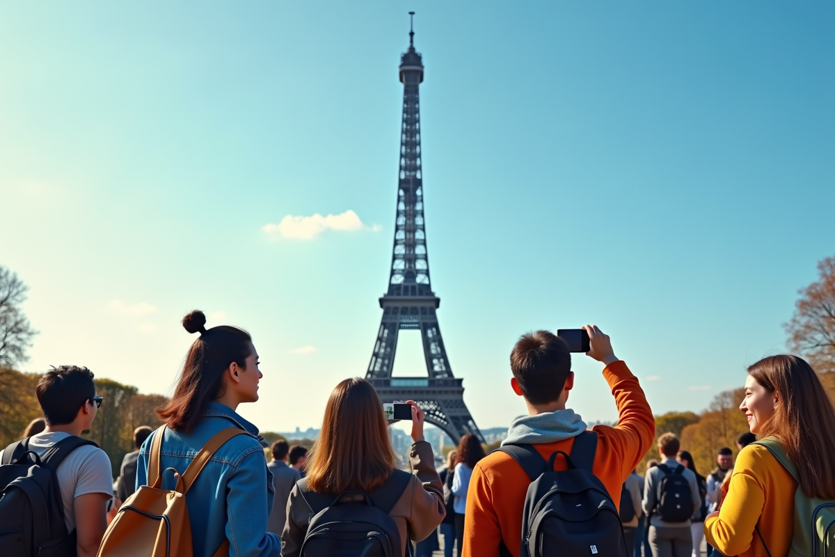 Groupe de touristes devant la tour Eiffel prenant des photos
