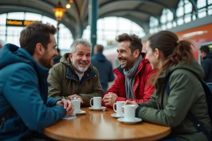 Groupe de voyageurs souriants dans une gare europ&eacute;enne