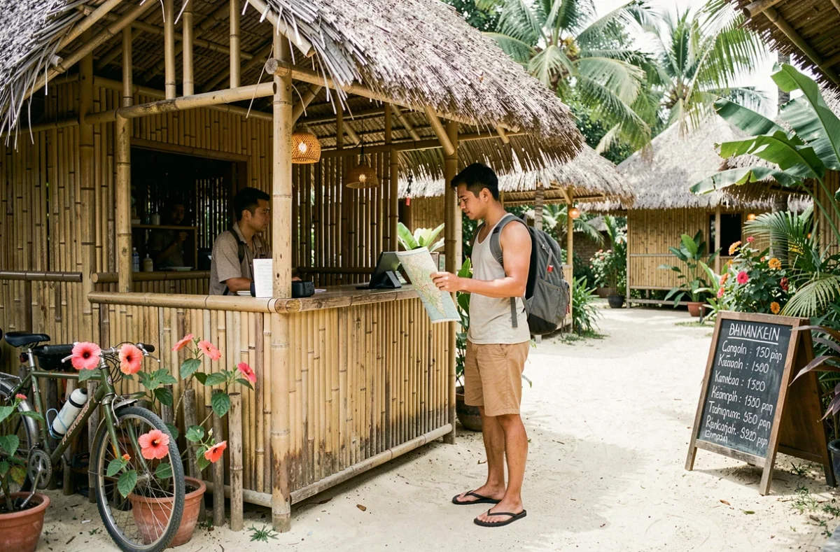 Voyageur backpacker qui s'enregistre dans un guesthouse économique de Gili Trawangan