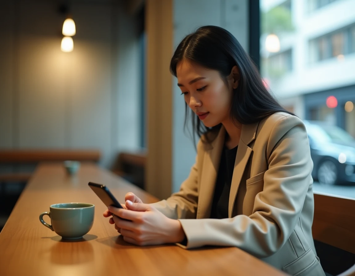 Femme japonaise consultant un fuseau horaire sur smartphone dans un café moderne de Tokyo