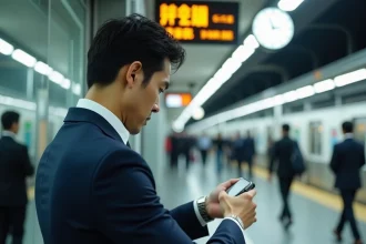 Homme d'affaires japonais vérifiant l'heure dans une gare de Tokyo, illustrant la précision des rendez-vous au Japon