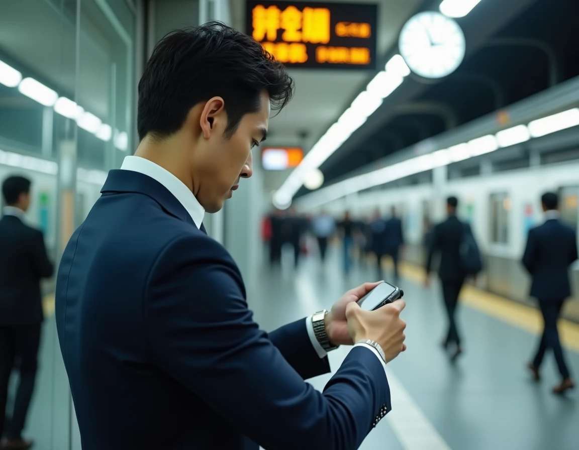 Homme d'affaires japonais vérifiant l'heure dans une gare de Tokyo, illustrant la précision des rendez-vous au Japon