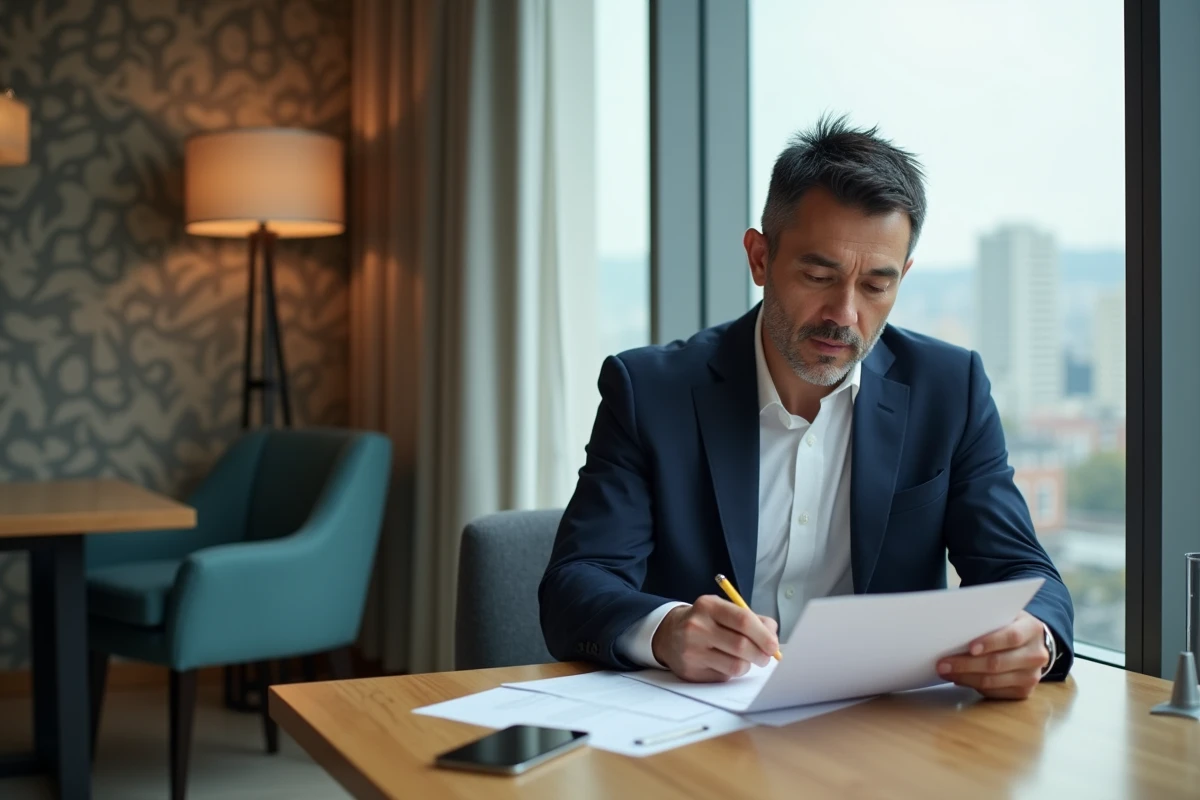 Homme d'affaires lisant des documents dans un intérieur moderne