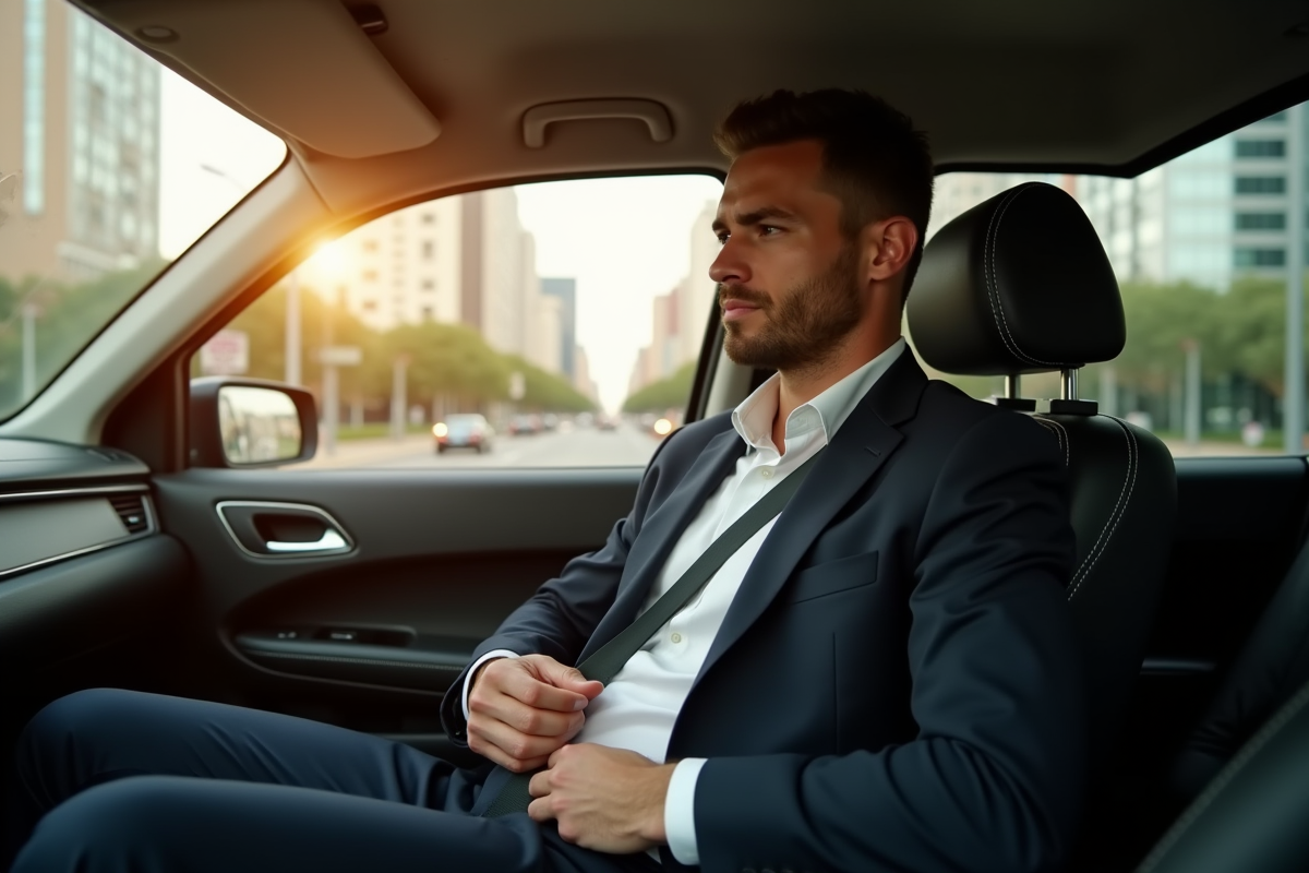 Homme d affaires attachant sa ceinture dans un taxi en journée avec ville moderne