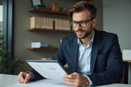 Homme d'affaires en costume bleu examinant des documents de visa