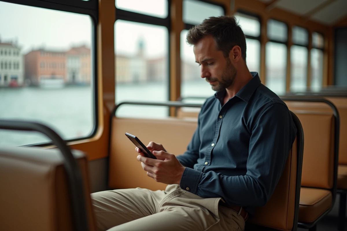 Homme consultant l'application de transport vaporetto sur son t&eacute;l&eacute;phone &agrave; l'int&eacute;rieur d'un bateau-bus v&eacute;nitien