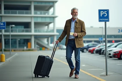 Homme d'&acirc;ge moyen avec ticket et valise pr&egrave;s d'un parking P5