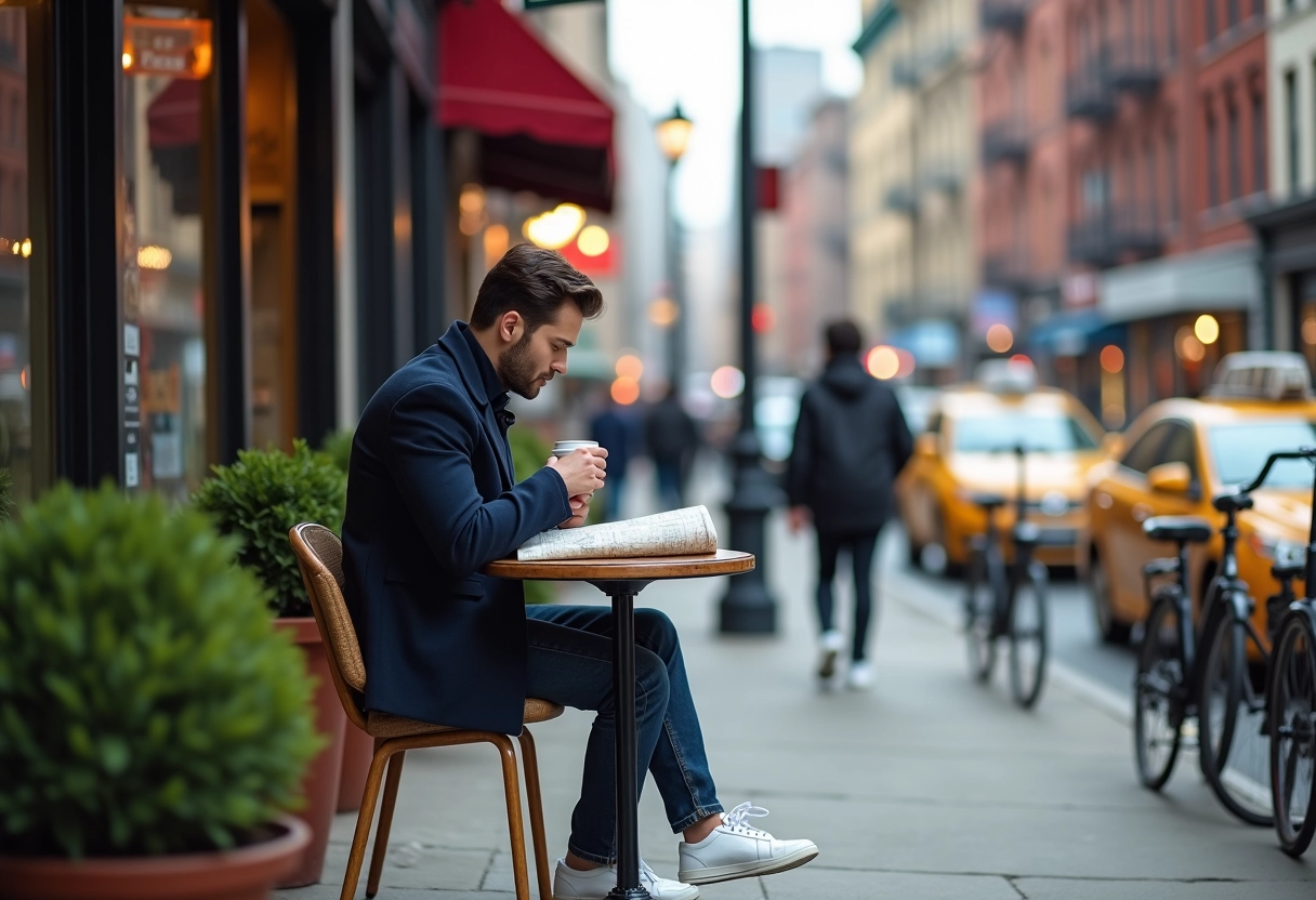 Homme au café de rue à Soho vérifiant une carte