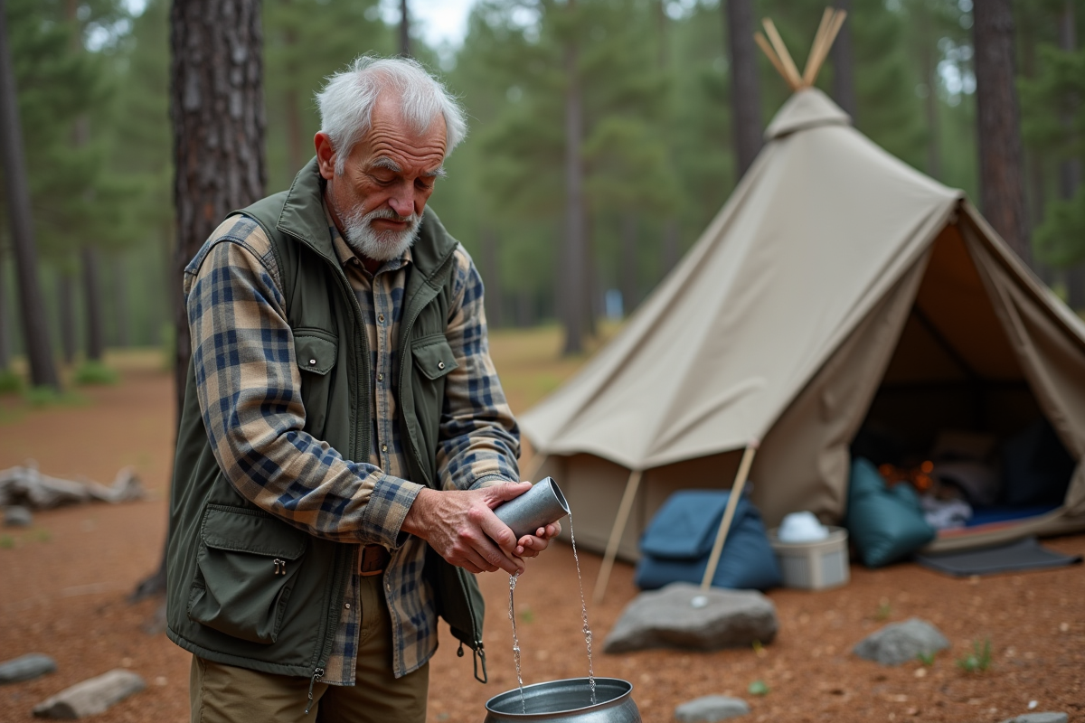 Homme en camping utilisant savon biodégradable