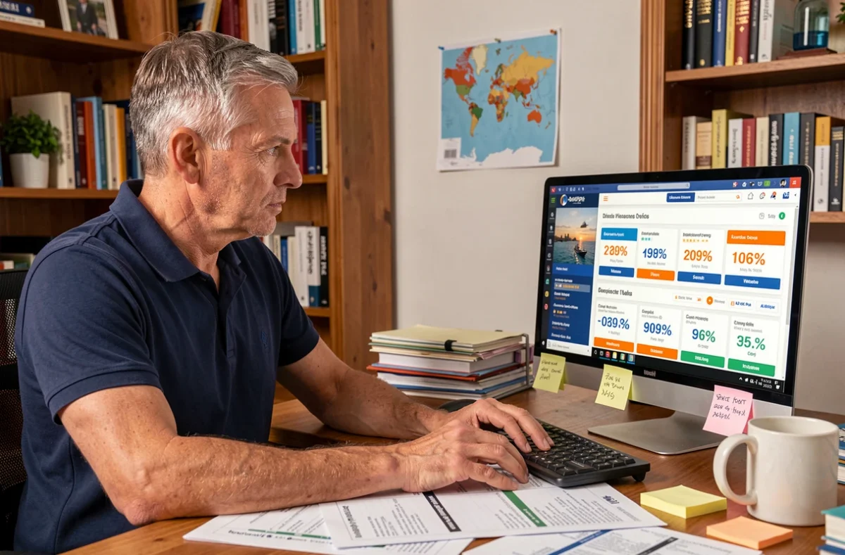 Homme comparant les prix et réductions de croisières sur son ordinateur à domicile