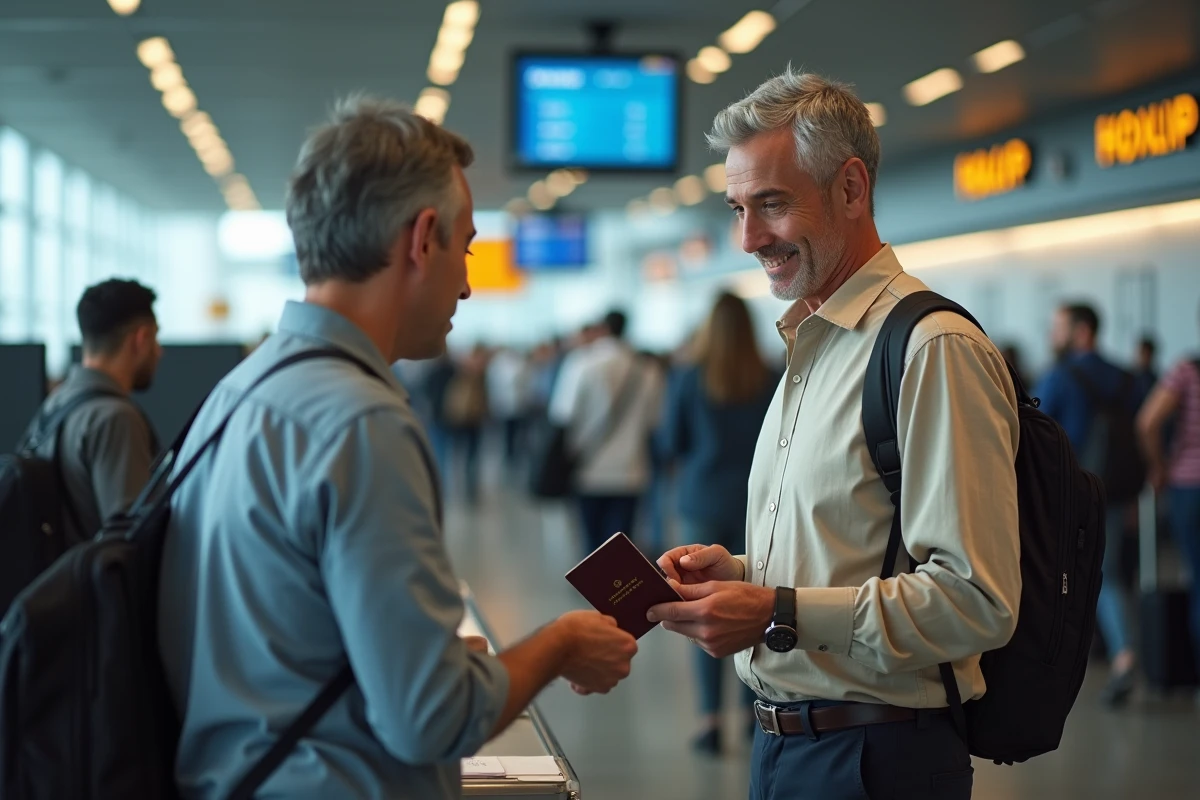 Homme remettant son passeport à un agent au comptoir d'enregistrement d'un aéroport