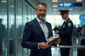 Homme d'affaires en costume présente ses documents à la douane