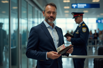 Homme d'affaires en costume présente ses documents à la douane