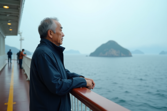 Homme japonais regardant la mer depuis un ferry