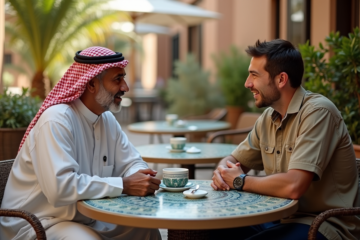 Homme marocain et touriste discutant au café