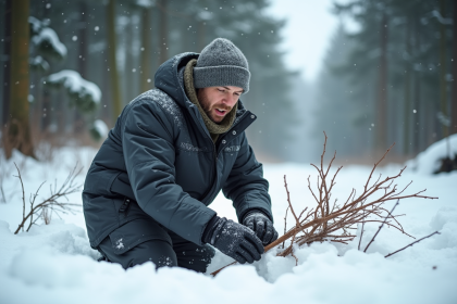 Homme en hiver construisant un abri dans la neige