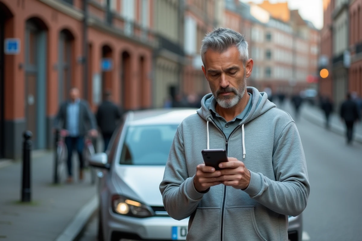 Homme consultant les paramètres d'itinéraire éco sur l'application Mappy debout près de sa voiture en ville