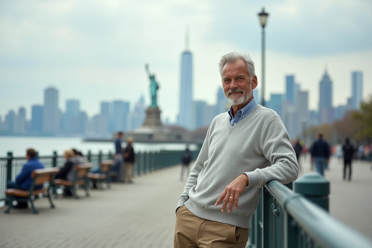 Homme appuye contre la rambarde avec vue sur Manhattan