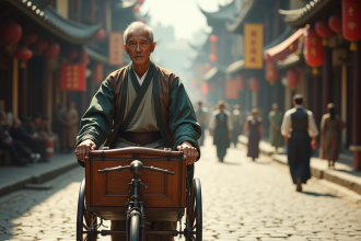 Homme asiatique en tenue traditionnelle tirant un rickshaw ancien