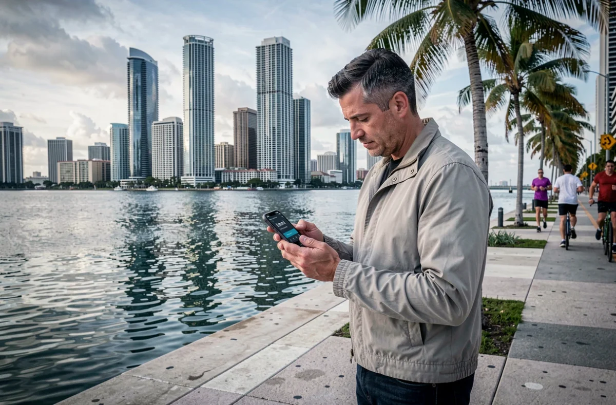Homme consultant un fuseau horaire sur smartphone au bord de la baie de Biscayne à Miami en hiver