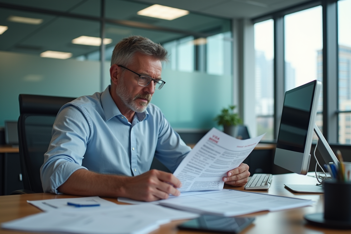 Homme vérifiant un formulaire de visa sur son bureau