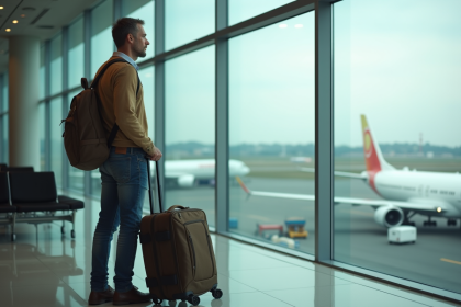Homme d'&acirc;ge moyen &agrave; l'a&eacute;roport regardant les avions