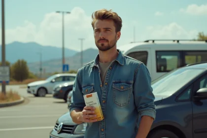 Homme voyageur tenant un carton de tabac pr&egrave;s de la fronti&egrave;re