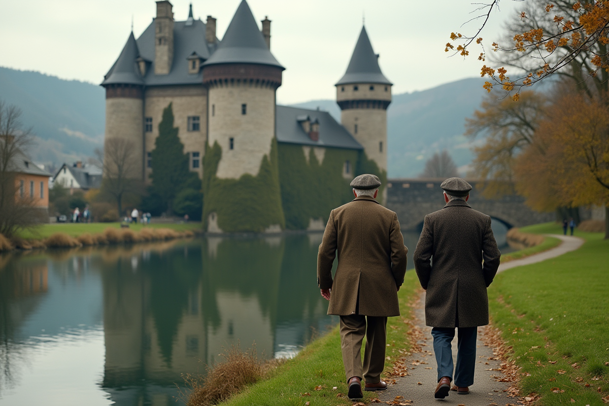 Deux hommes âgés marchant près d un château allemand