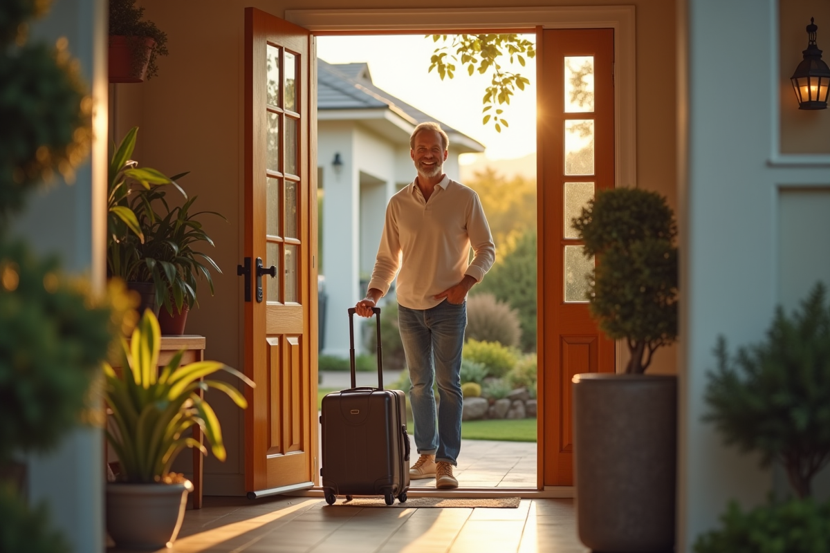 Hôte souriant accueillant un voyageur devant la maison
