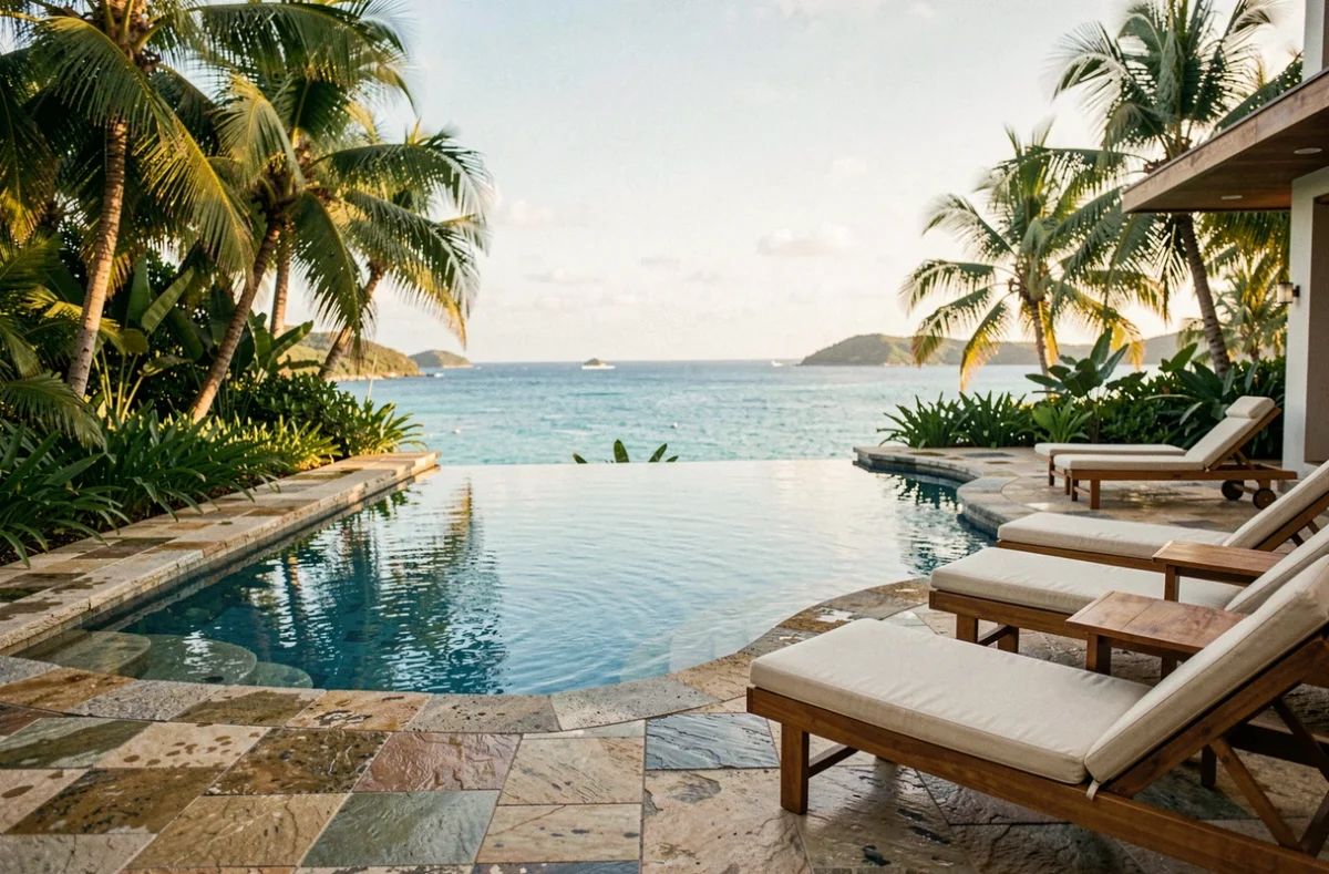 Piscine à débordement d'un hôtel 5 étoiles en Guadeloupe avec vue sur la mer des Caraïbes et végétation tropicale luxuriante