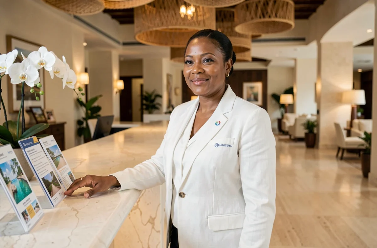 Conciergerie d'un hôtel 5 étoiles en Guadeloupe, hôtesse en blazer blanc accueillant les clients à la réception en marbre